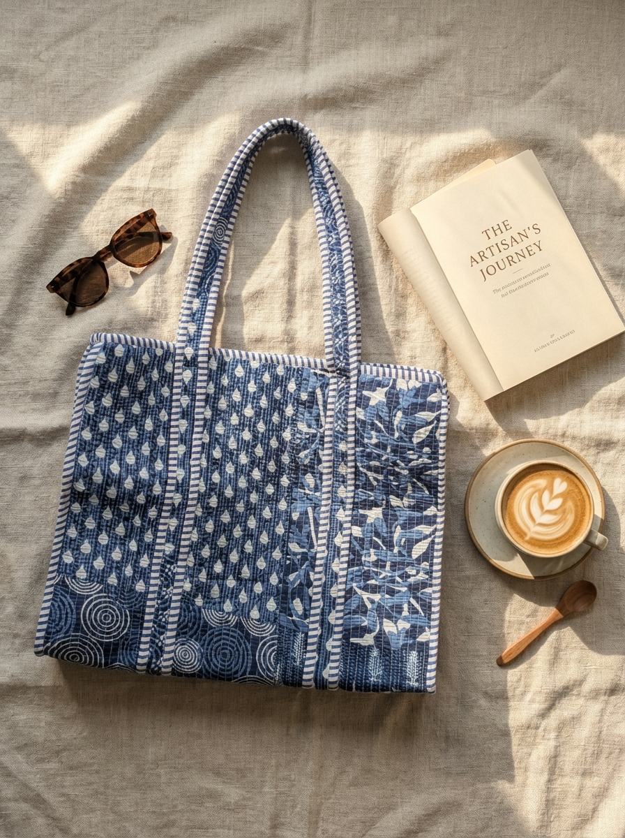 Hand Block Printed Tote Bag, close-up of fabric texture