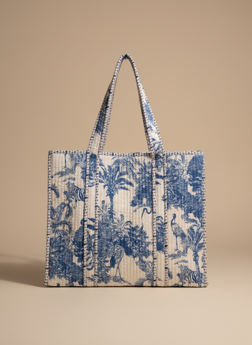 Blue Safari Heritage Quilted Tote, detail of hand block print pattern
