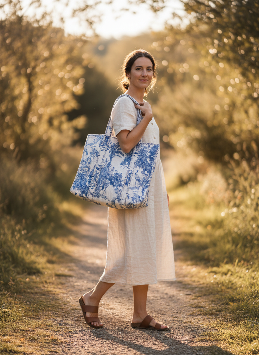 Blue Safari Heritage Quilted Tote, lifestyle photo