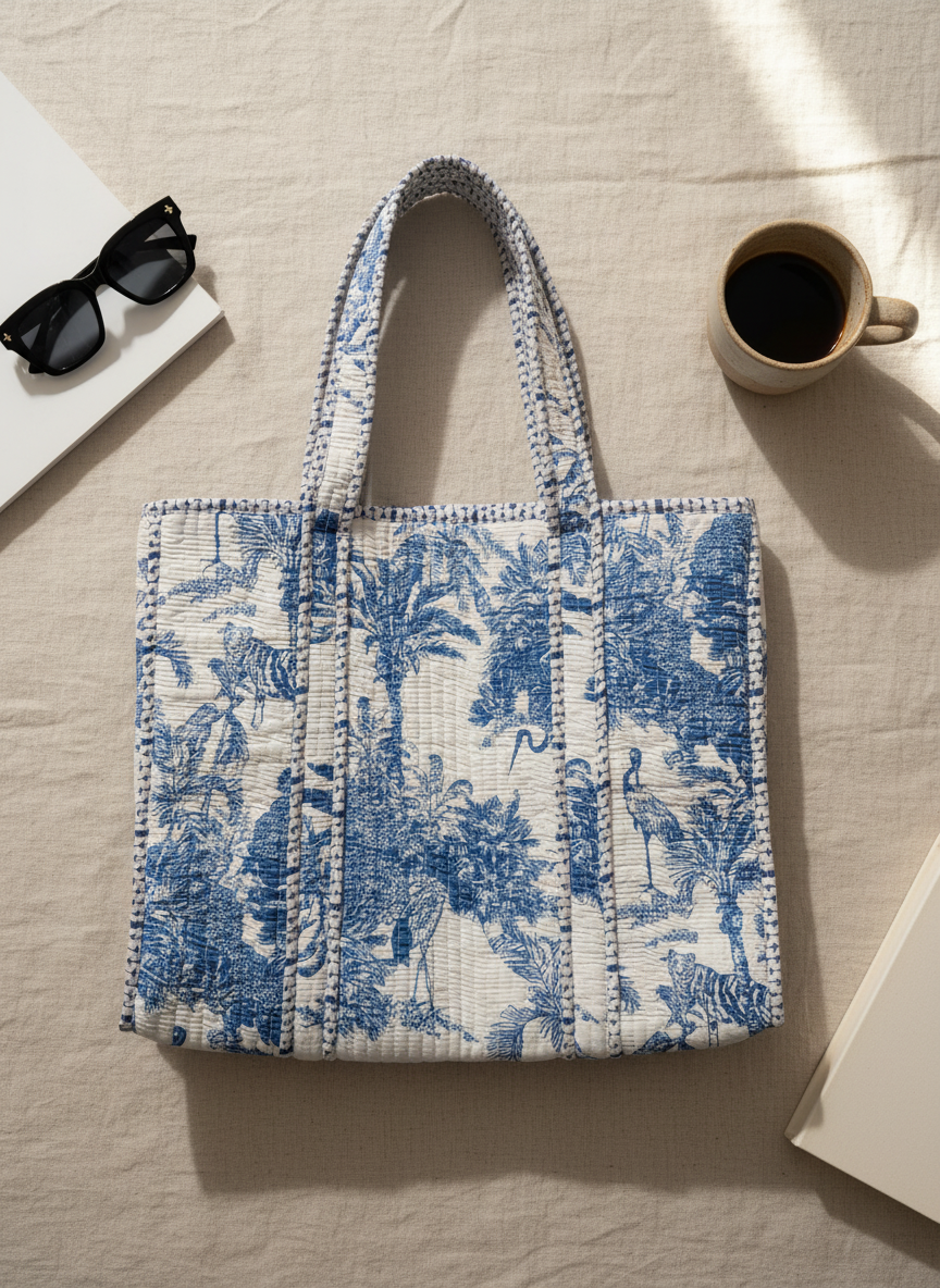 Blue Safari Heritage Quilted Tote, close-up of fabric texture