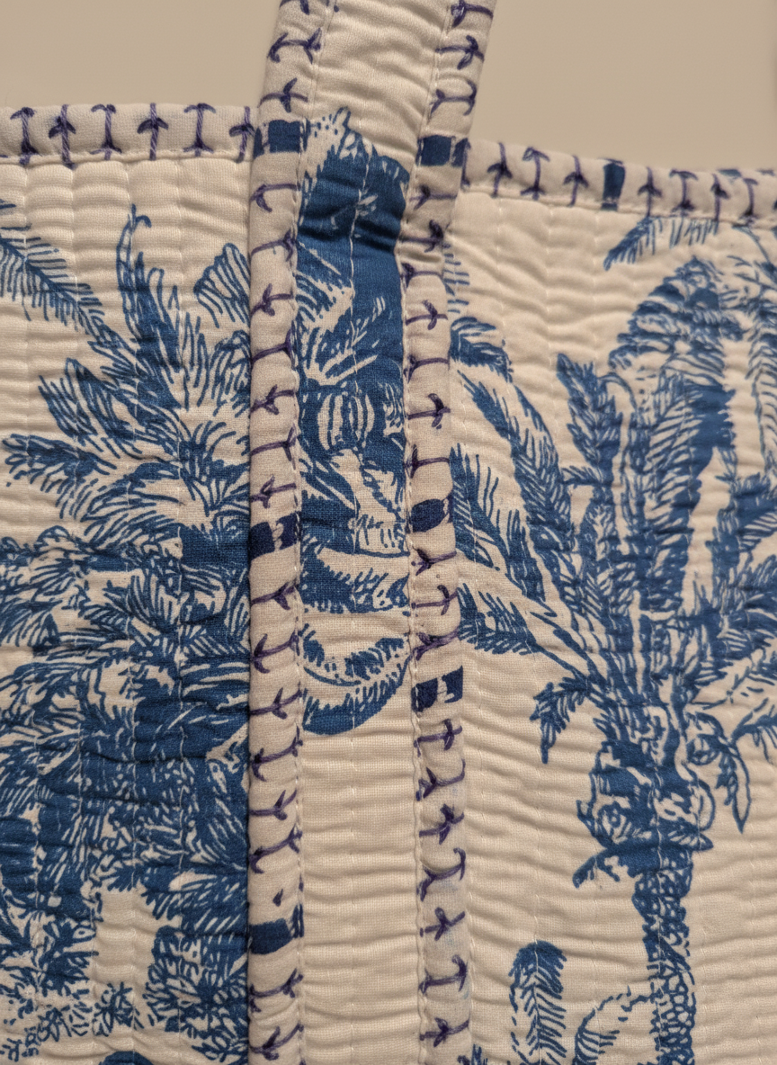 Blue Safari Heritage Quilted Tote, worn/styled view
