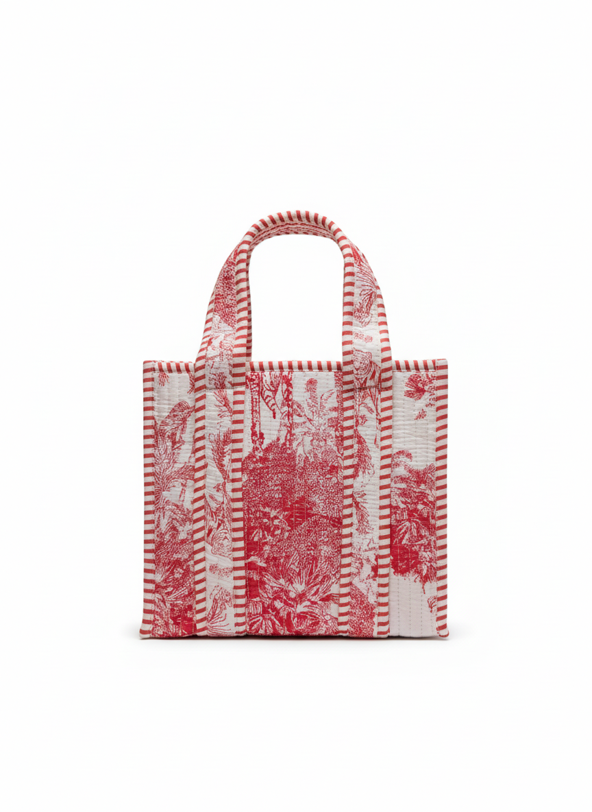 Pink & White Quilted Cotton Tree Print Lunch Box, front view