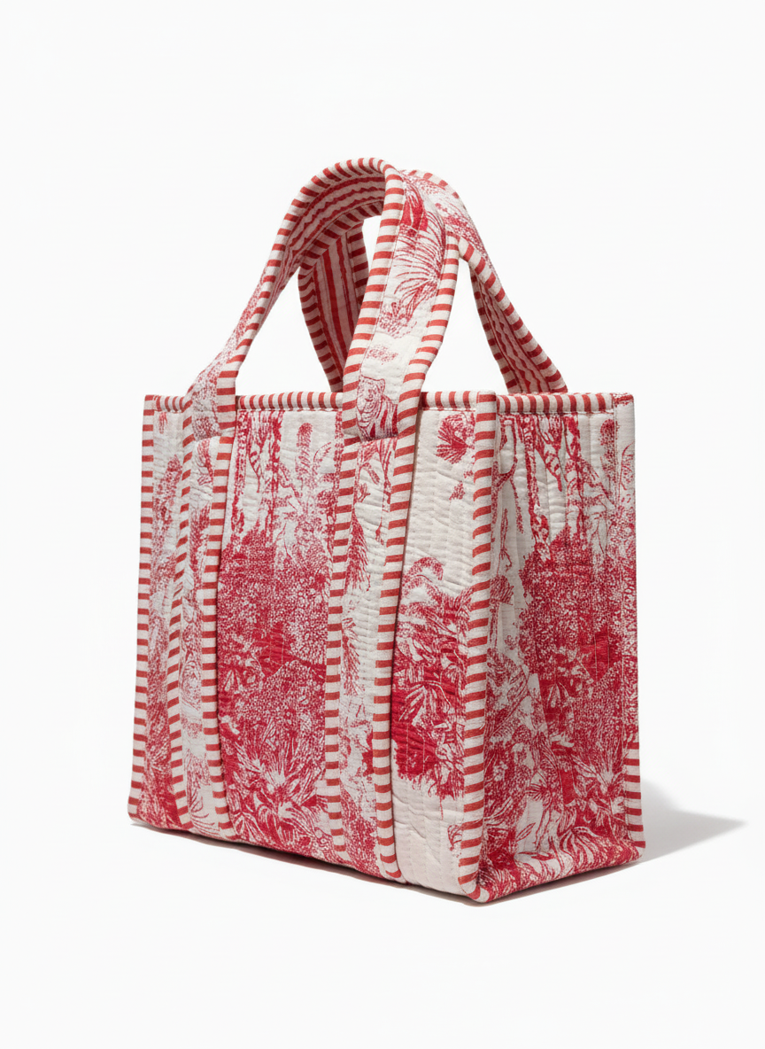 Pink & White Quilted Cotton Tree Print Lunch Box, detail of hand block print pattern