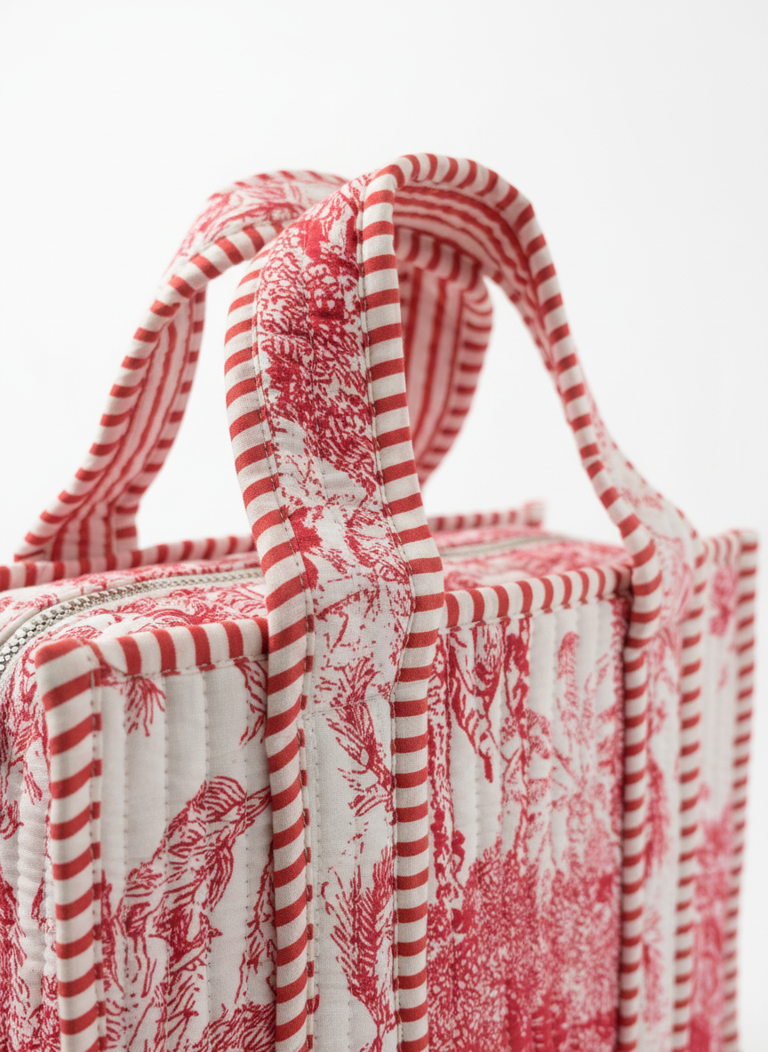 Pink & White Quilted Cotton Tree Print Lunch Box, close-up of fabric texture