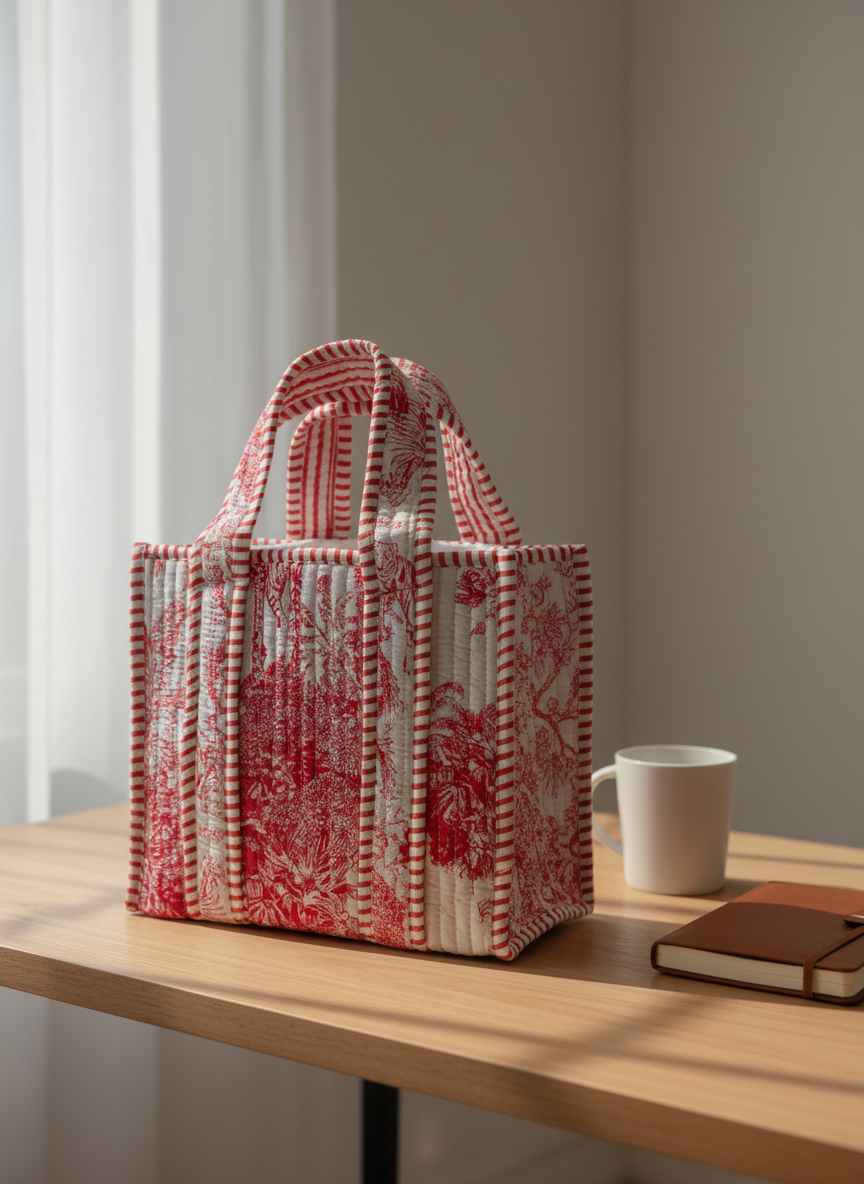 Pink & White Quilted Cotton Tree Print Lunch Box, styled view