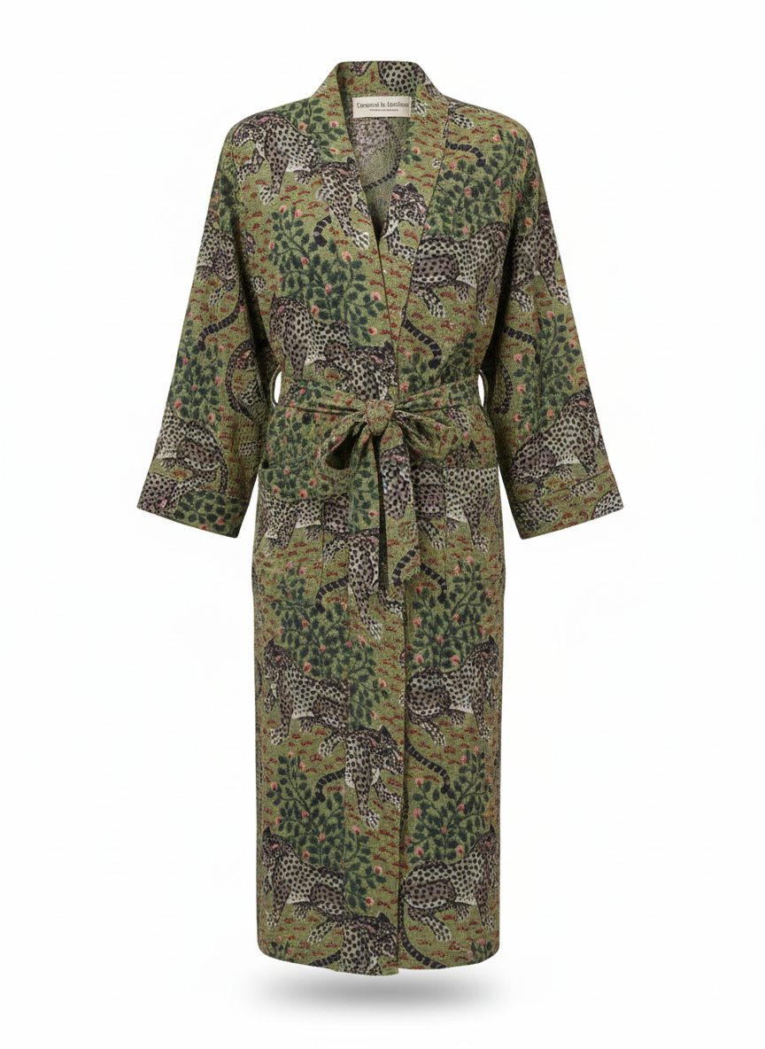 Green Leopard Hand Block Printed Cotton Waffle Bathrobe, front view