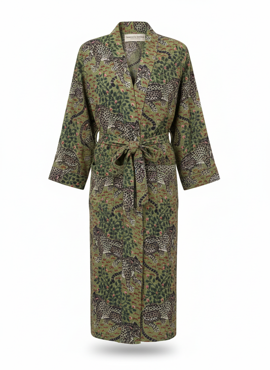 Green Leopard Hand Block Printed Cotton Waffle Bathrobe, front view