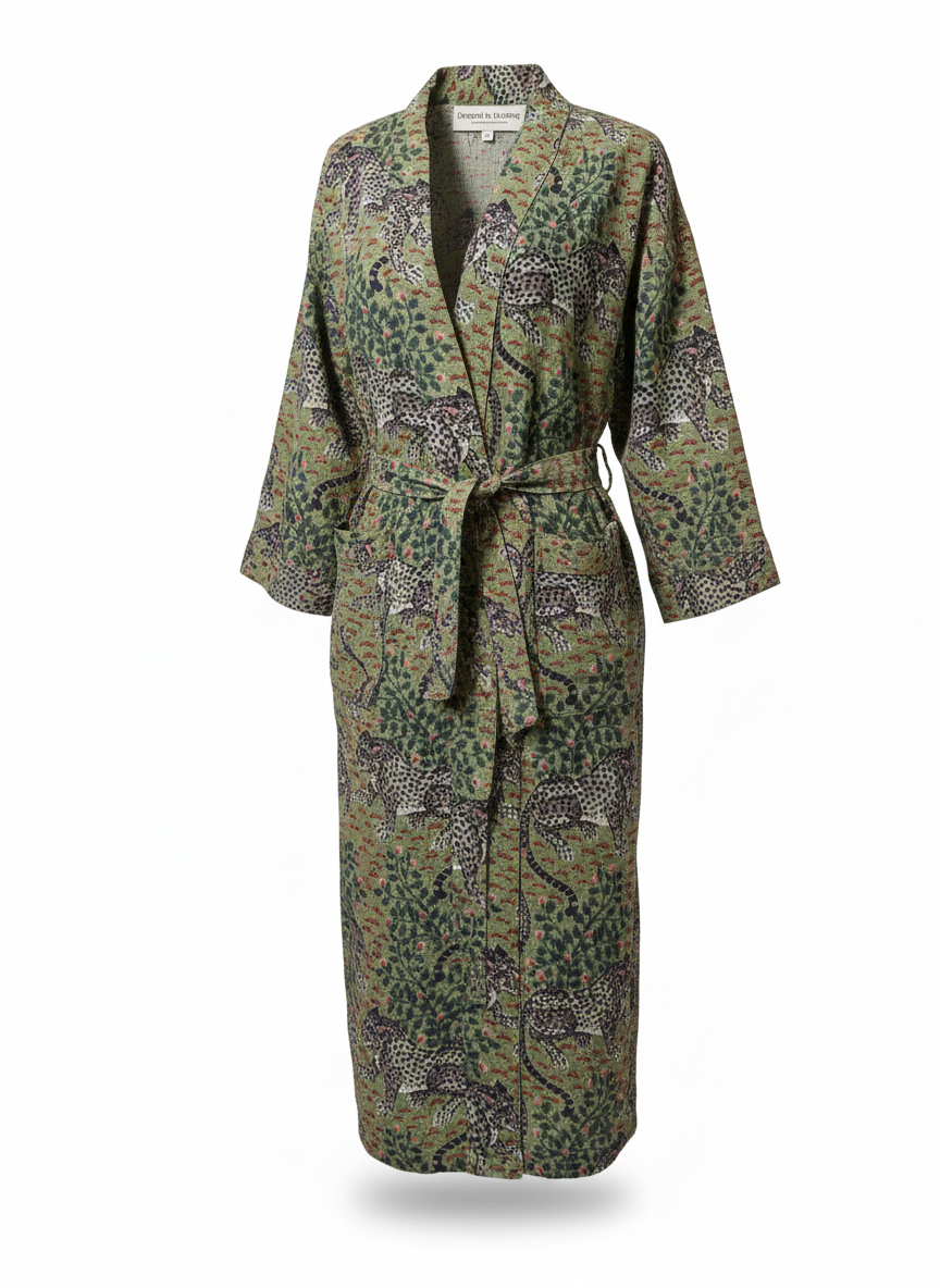 Green Leopard Hand Block Printed Cotton Waffle Bathrobe, detail of hand block print pattern