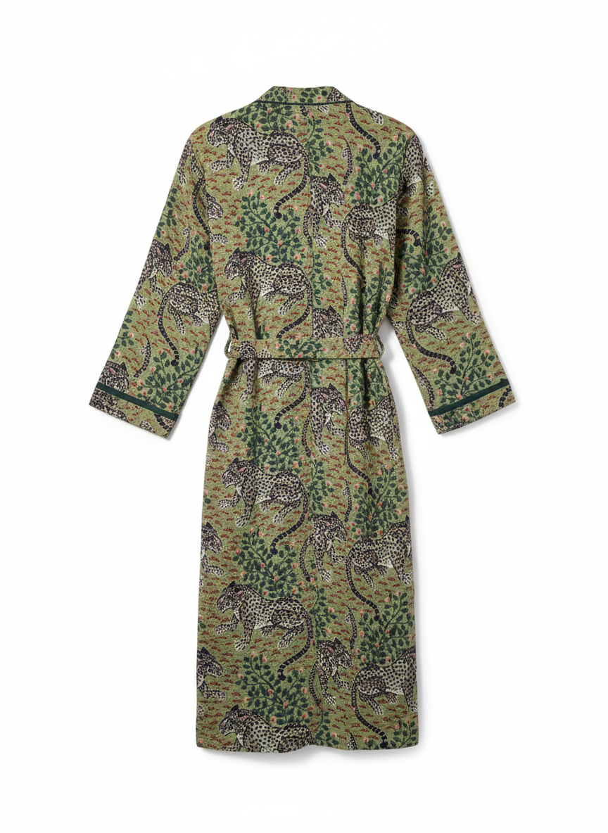 Green Leopard Hand Block Printed Cotton Waffle Bathrobe, lifestyle photo