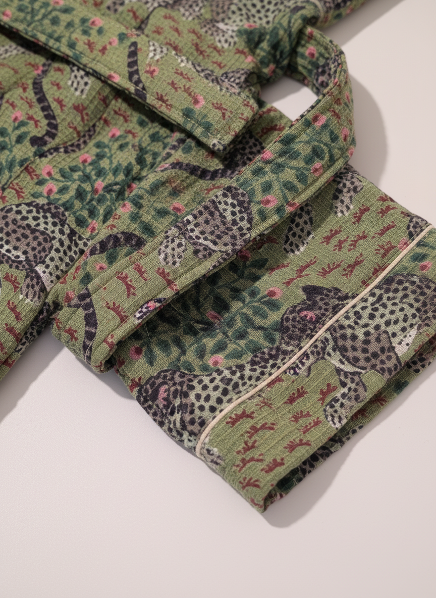 Green Leopard Hand Block Printed Cotton Waffle Bathrobe, close-up of fabric texture