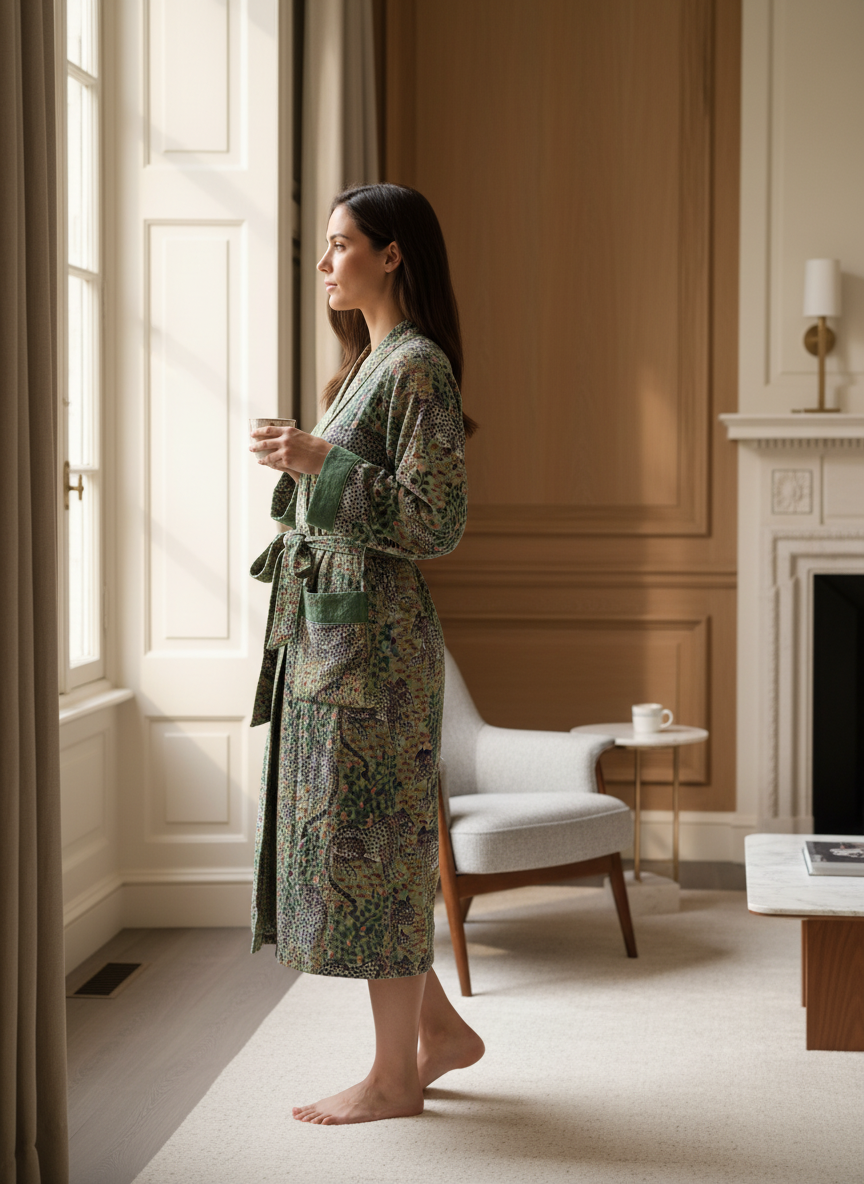 Green Leopard Hand Block Printed Cotton Waffle Bathrobe, styled view