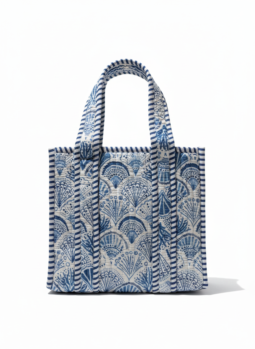 Handcrafted White & Blue Cotton Lunch Bag, front view