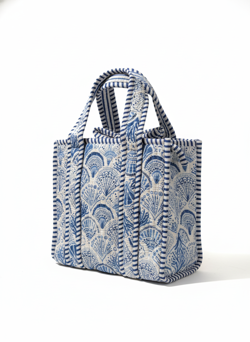 Handcrafted White & Blue Cotton Lunch Bag, detail of hand block print pattern