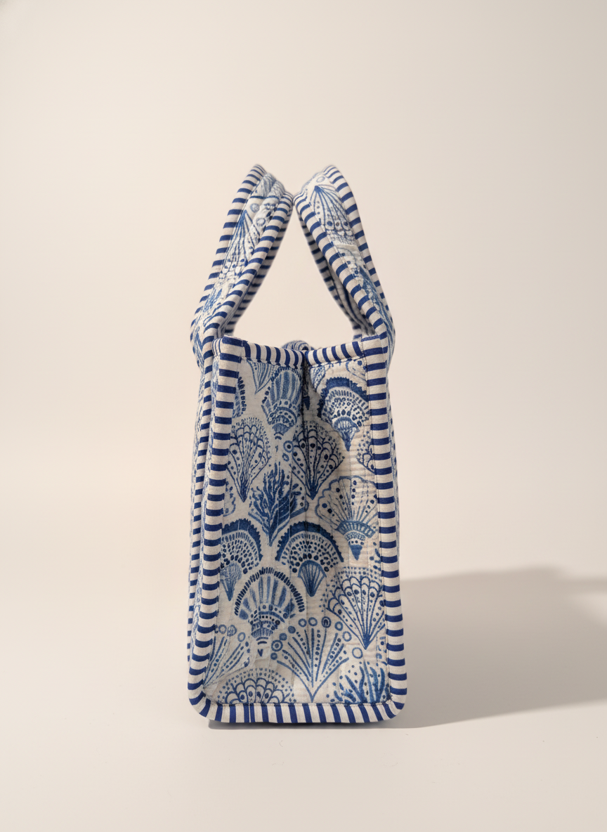 Handcrafted White & Blue Cotton Lunch Bag, lifestyle photo