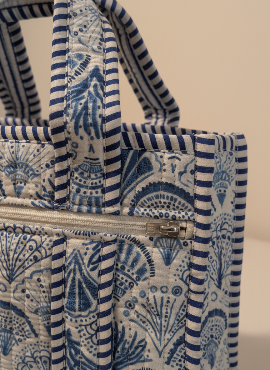 Handcrafted White & Blue Cotton Lunch Bag, close-up of fabric texture