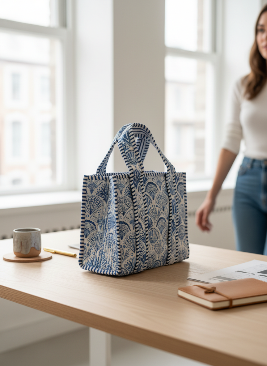 Handcrafted White & Blue Cotton Lunch Bag, styled view