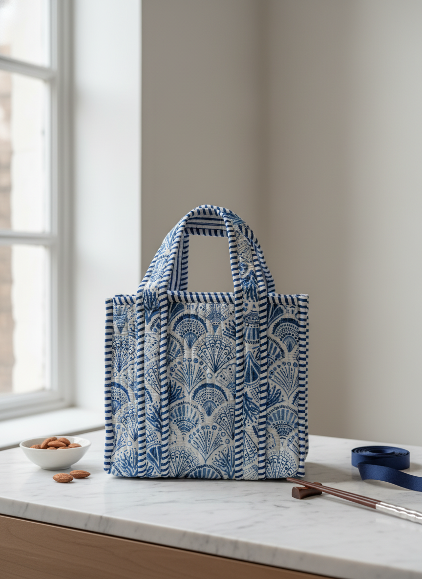 Handcrafted White & Blue Cotton Lunch Bag, flat lay