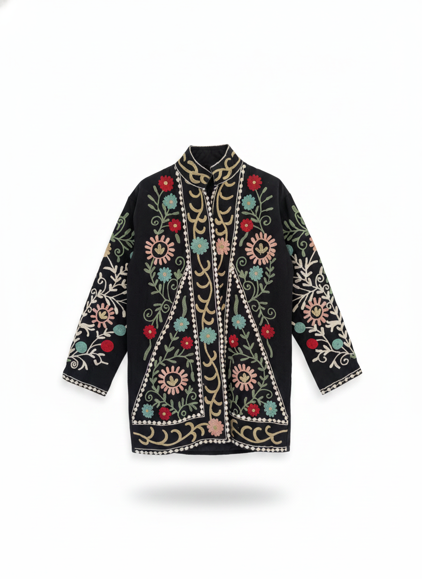 Black Floral Suzani Long Jacket | Hand-Embroidered