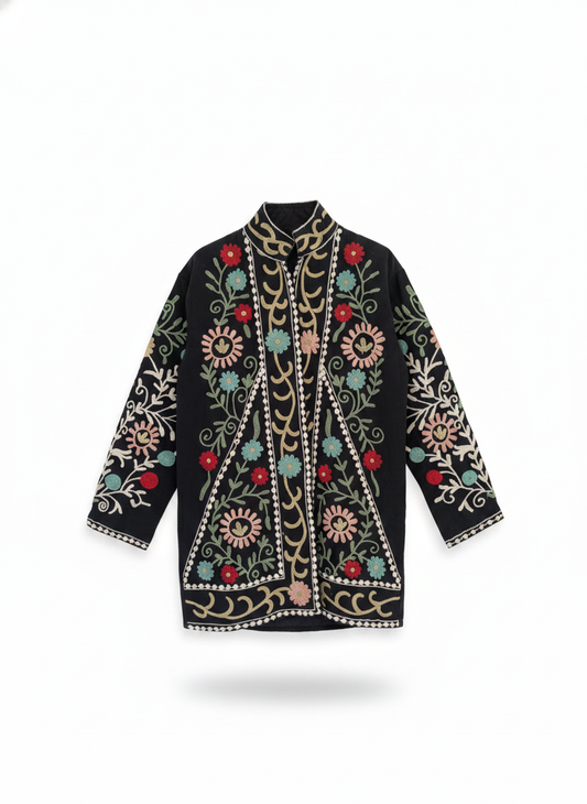 Black Floral Suzani Long Jacket | Hand-Embroidered
