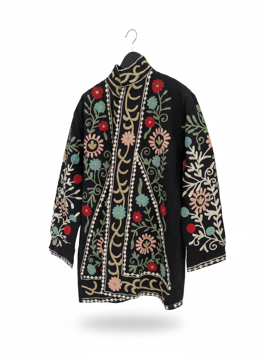 Black Floral Suzani Long Jacket | Hand-Embroidered