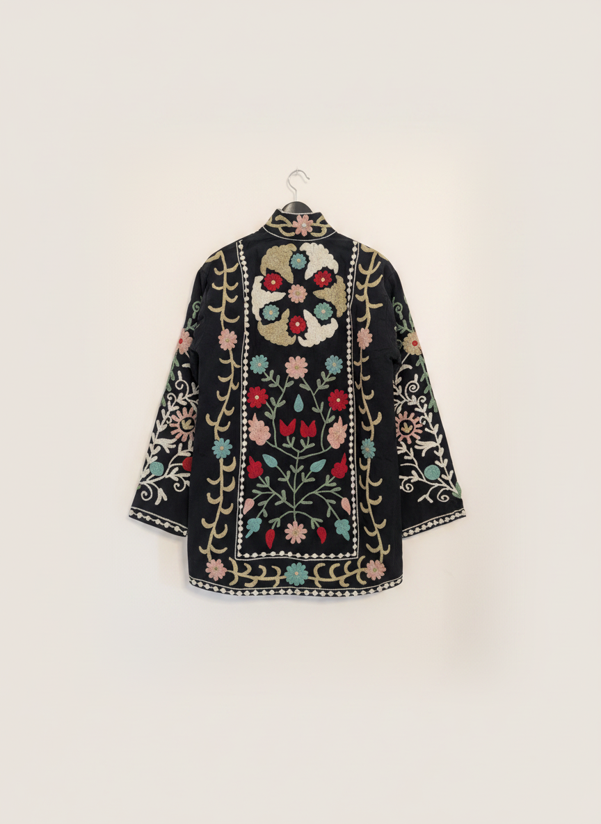 Black Floral Suzani Long Jacket | Hand-Embroidered