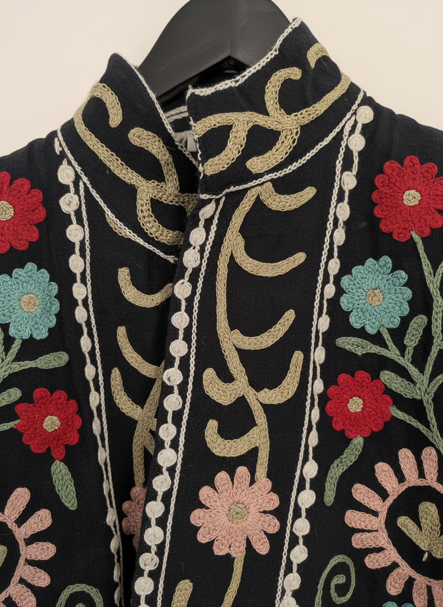 Black Floral Suzani Long Jacket | Hand-Embroidered