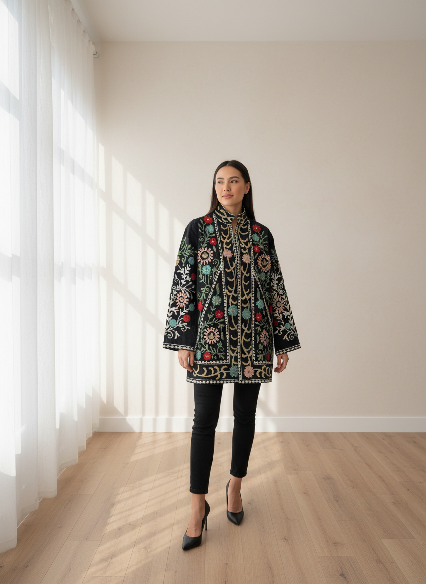 Black Floral Suzani Long Jacket | Hand-Embroidered