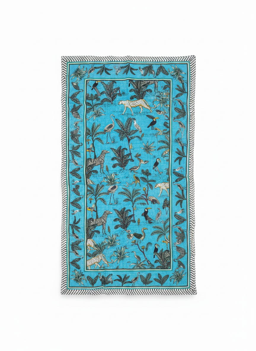 Sky-Blue Cotton Beach Sarong | Jungle Safari Print