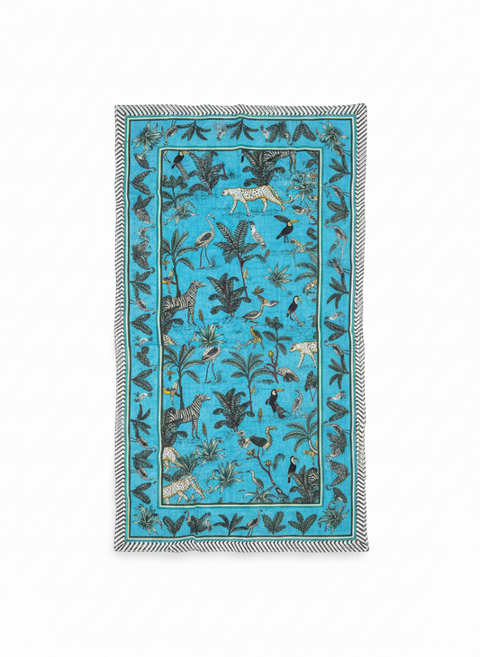 Sky-Blue Cotton Beach Sarong | Jungle Safari Print