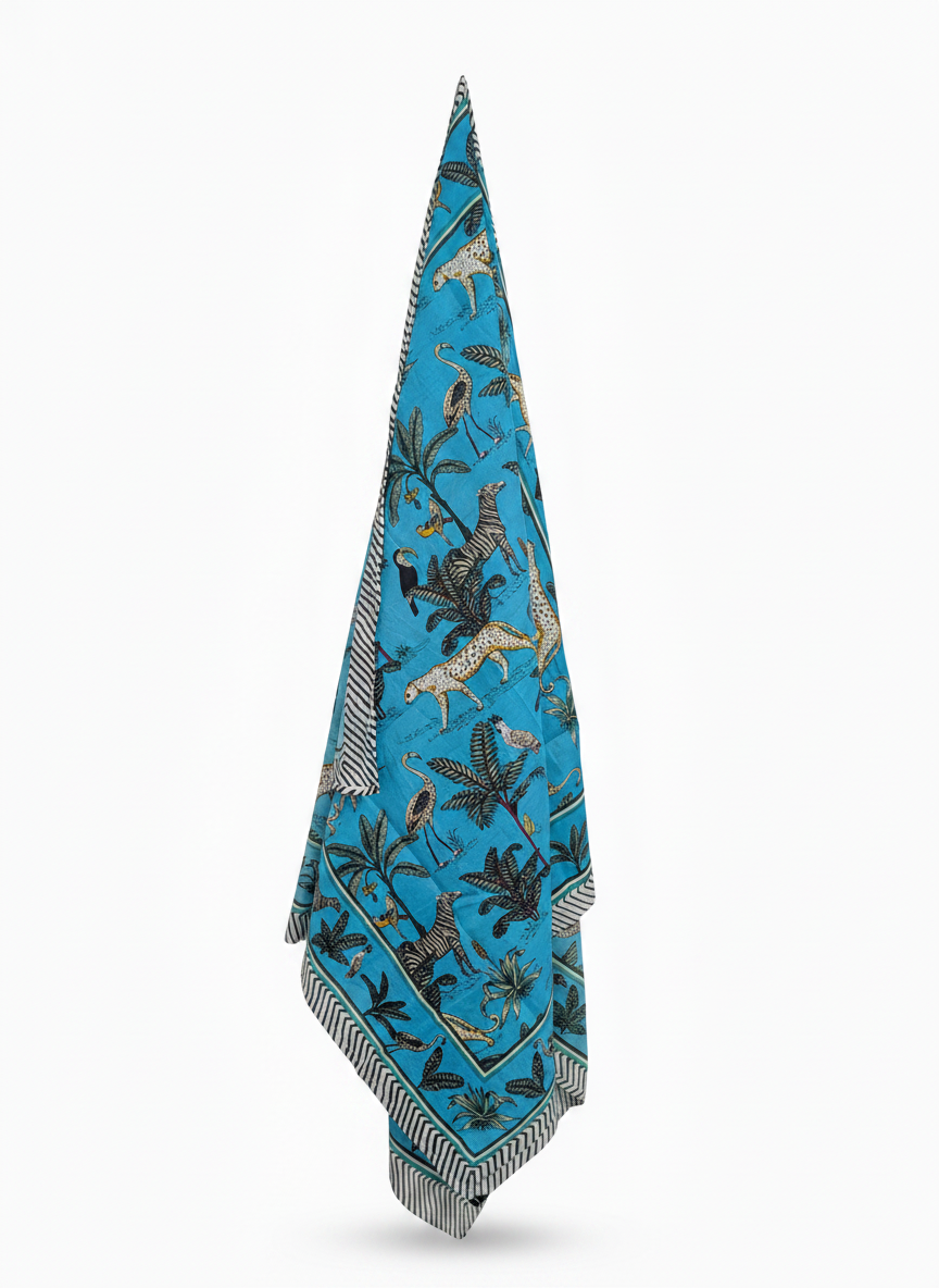 Sky-Blue Cotton Beach Sarong | Jungle Safari Print