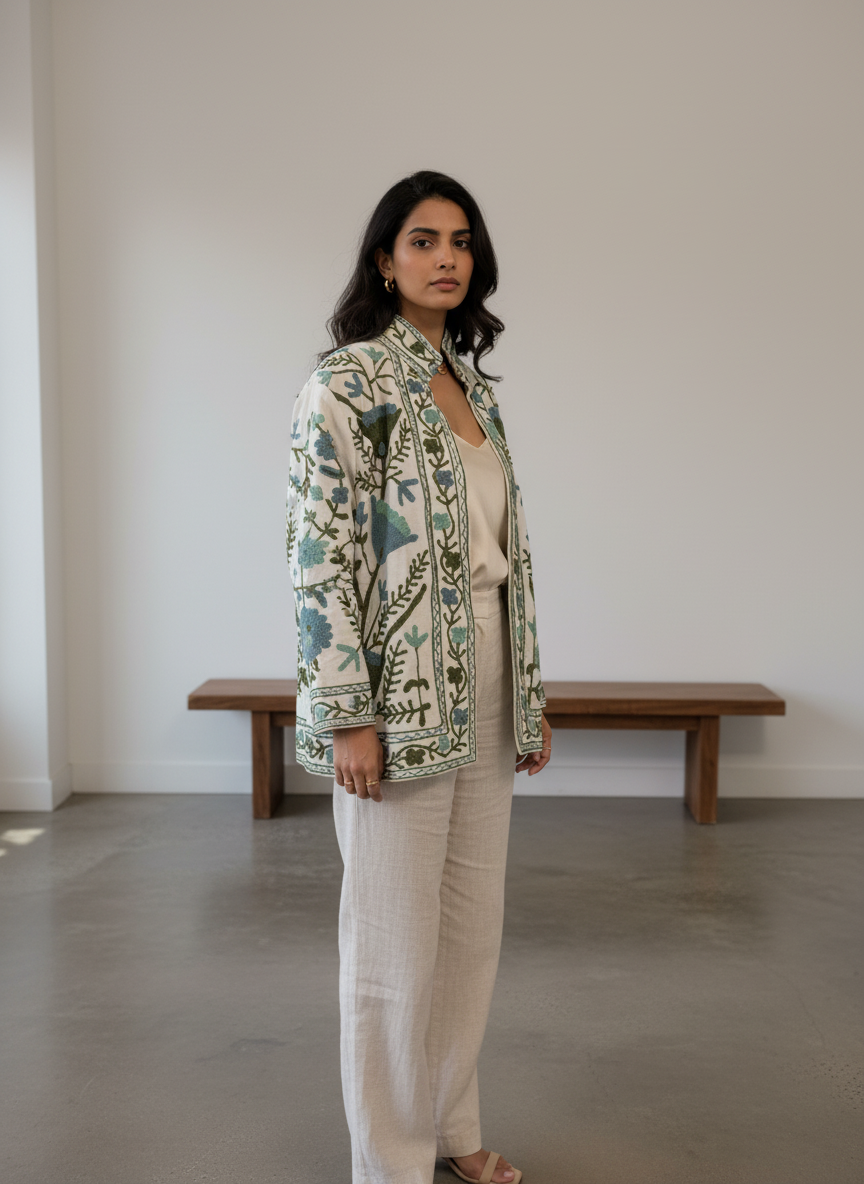 Vibrant Green Floral Suzani Jacket