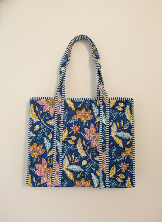 Blue Floral Cotton Quilted Tote Bag
