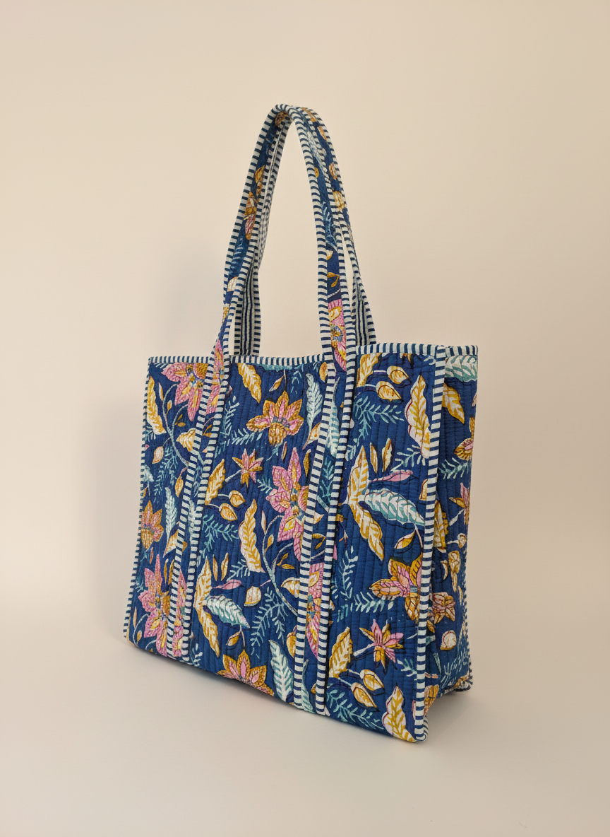 Blue Floral Cotton Quilted Tote Bag