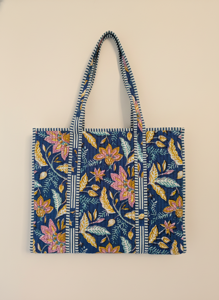 Blue Floral Cotton Quilted Tote Bag
