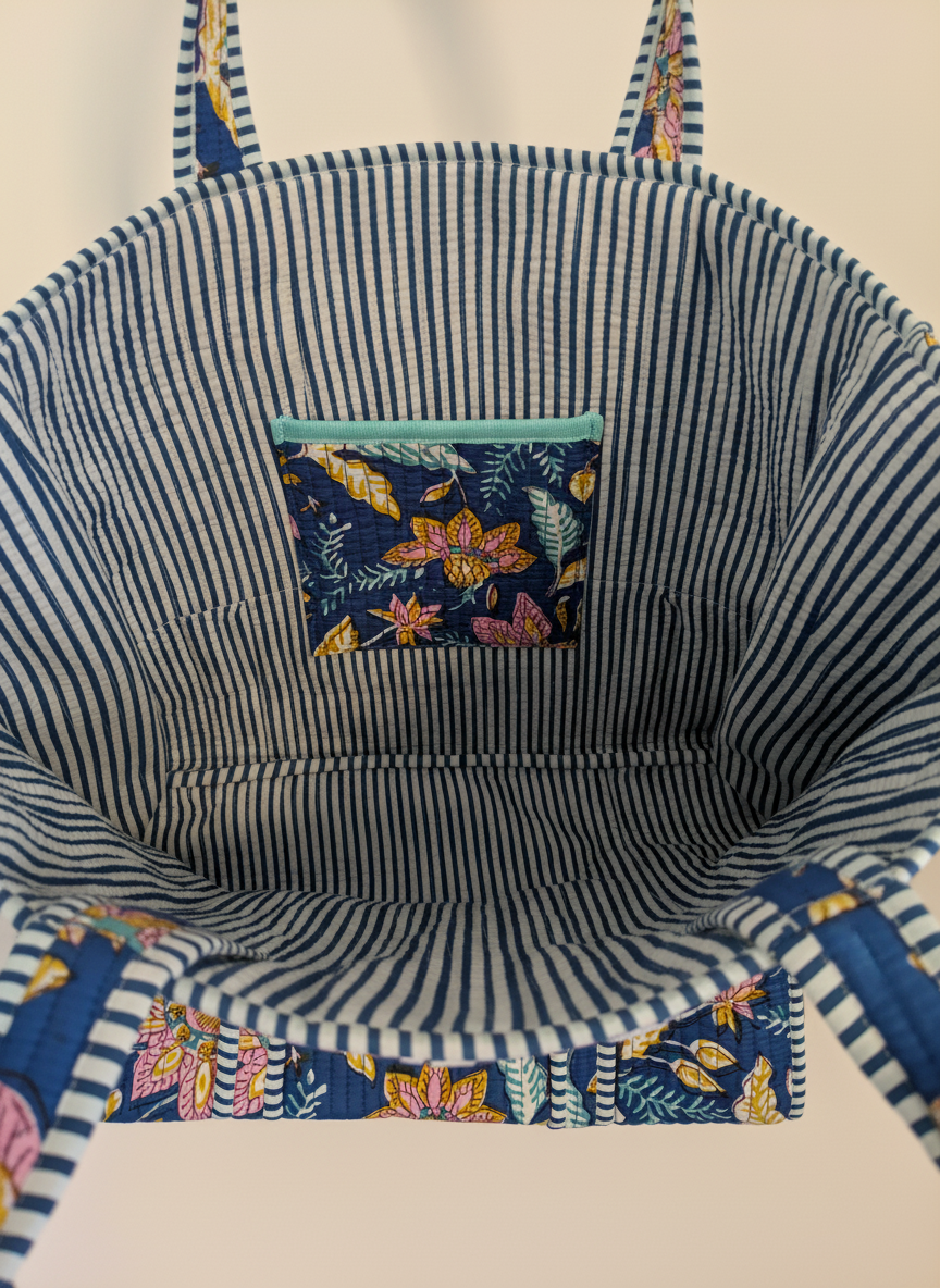 Blue Floral Cotton Quilted Tote Bag