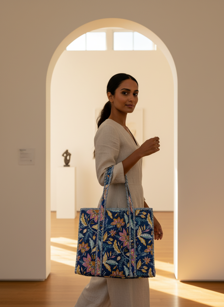 Blue Floral Cotton Quilted Tote Bag