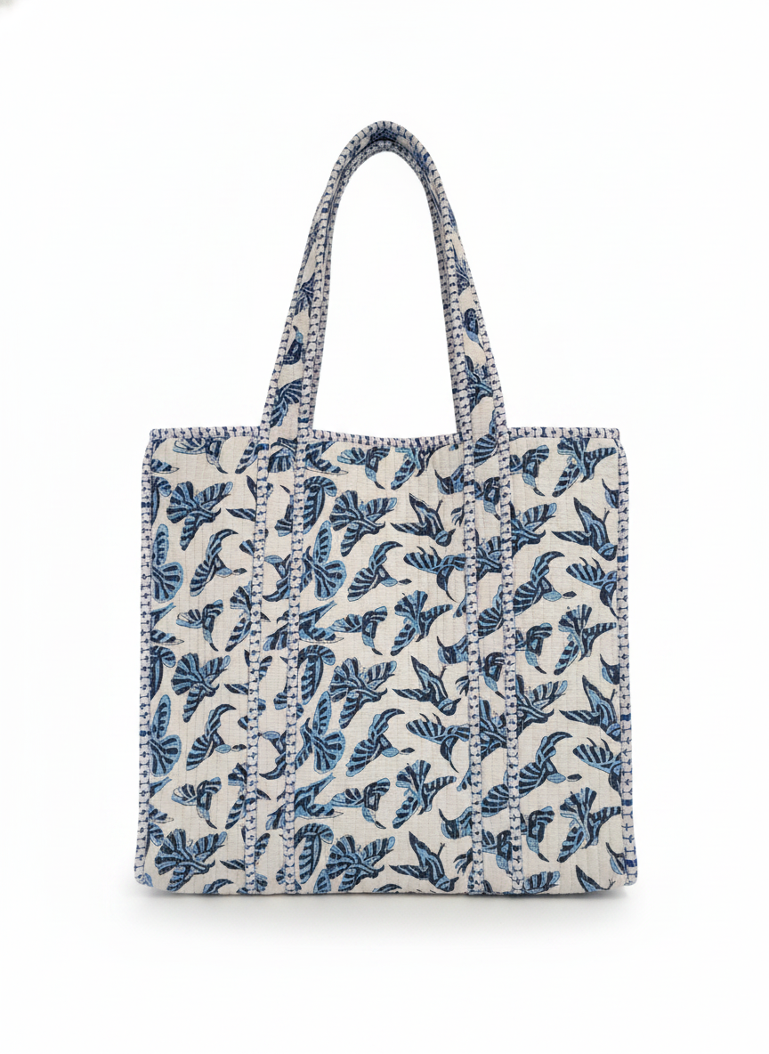 Blue Bird Quilted Cotton Tote Bag