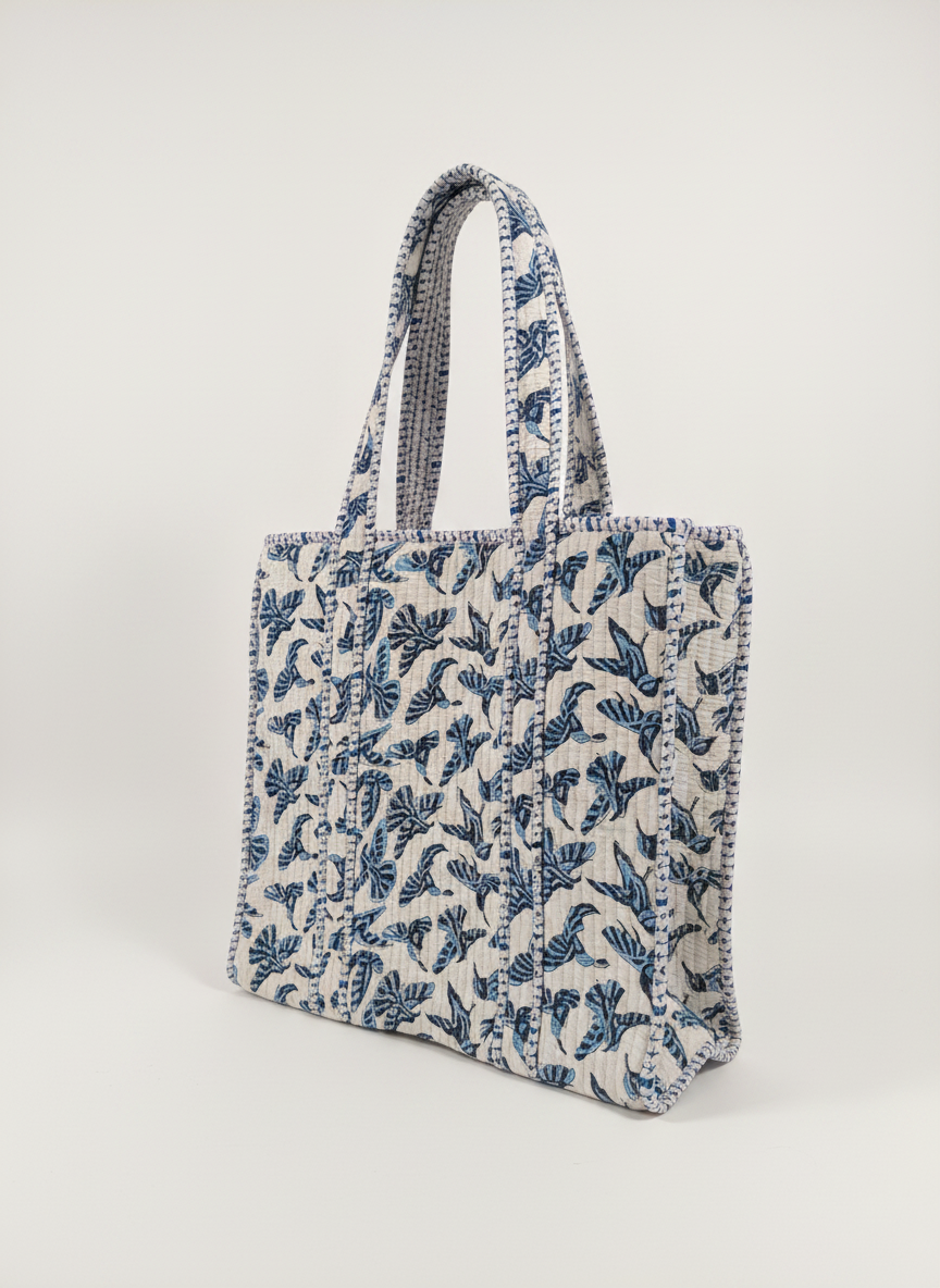 Blue Bird Quilted Cotton Tote Bag
