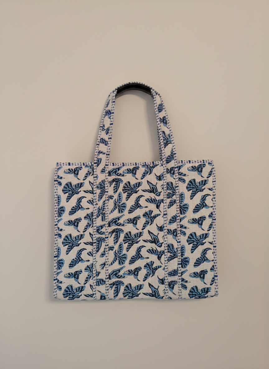 Blue Bird Quilted Cotton Tote Bag