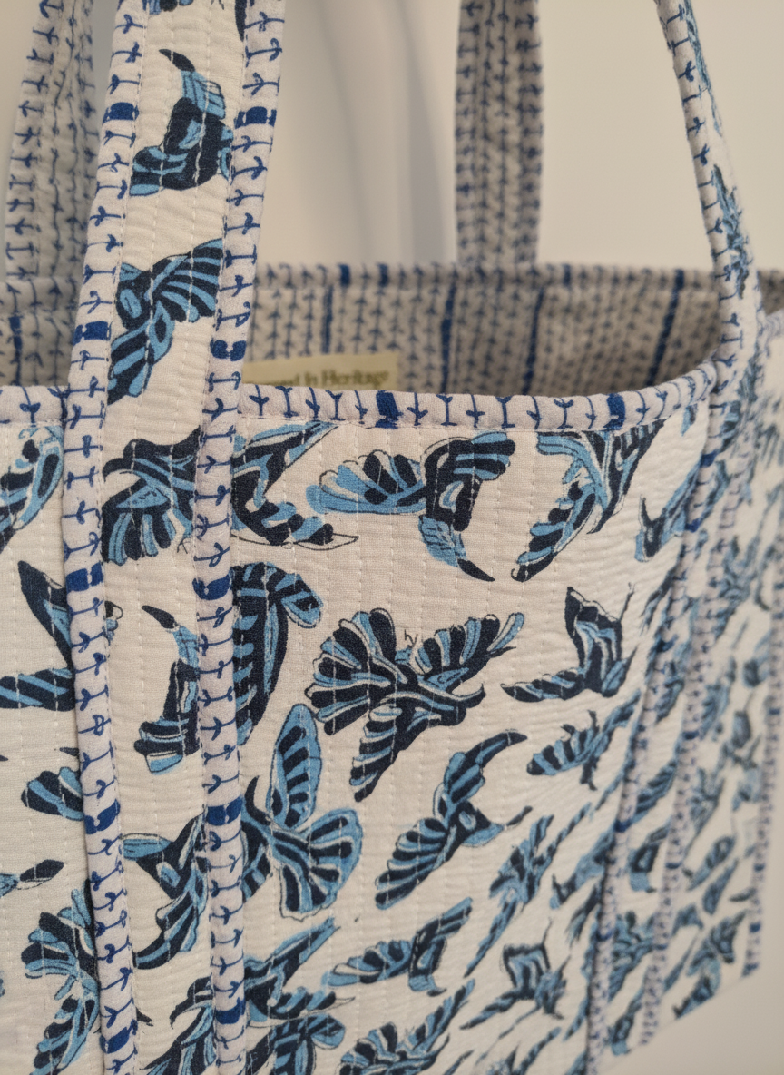Blue Bird Quilted Cotton Tote Bag