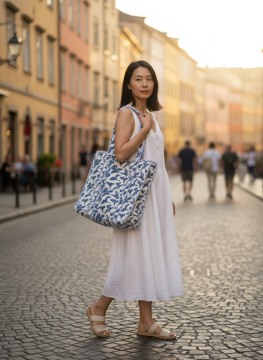 Blue Bird Quilted Cotton Tote Bag