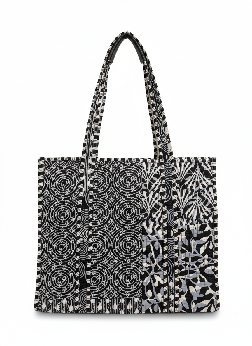 Black Geometric Cotton Tote Bag