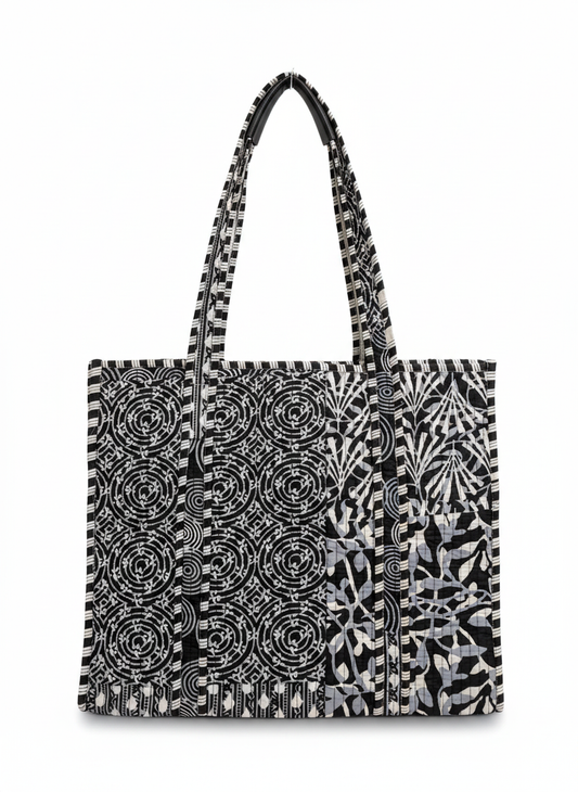 Black Geometric Cotton Tote Bag