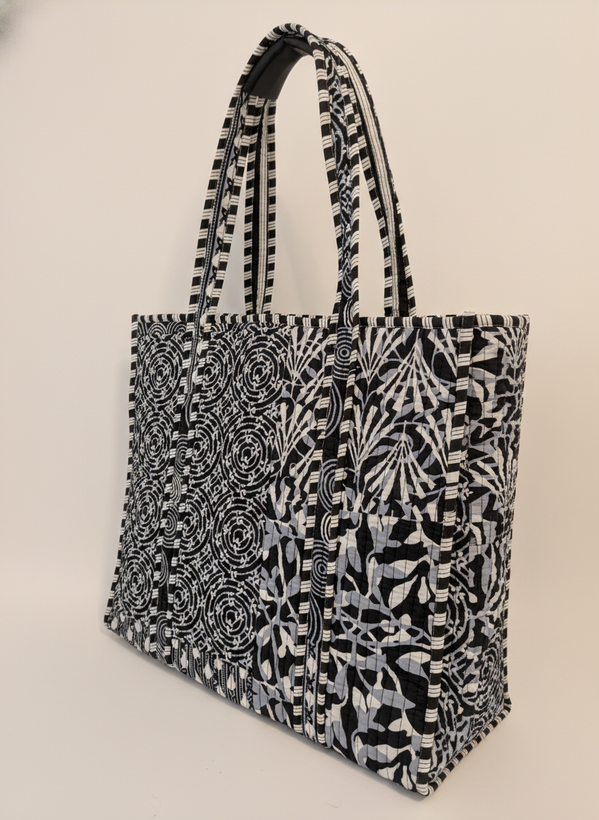 Black Geometric Cotton Tote Bag