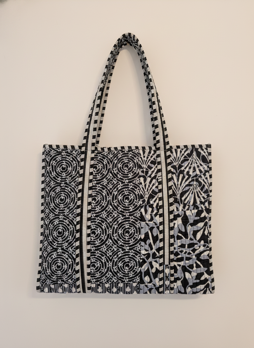 Black Geometric Cotton Tote Bag