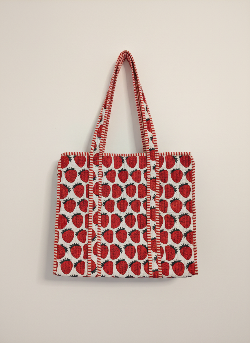 Strawberry Cotton Quilted Tote Bag | Red & White