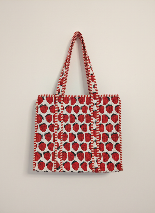 Strawberry Cotton Quilted Tote Bag | Red & White