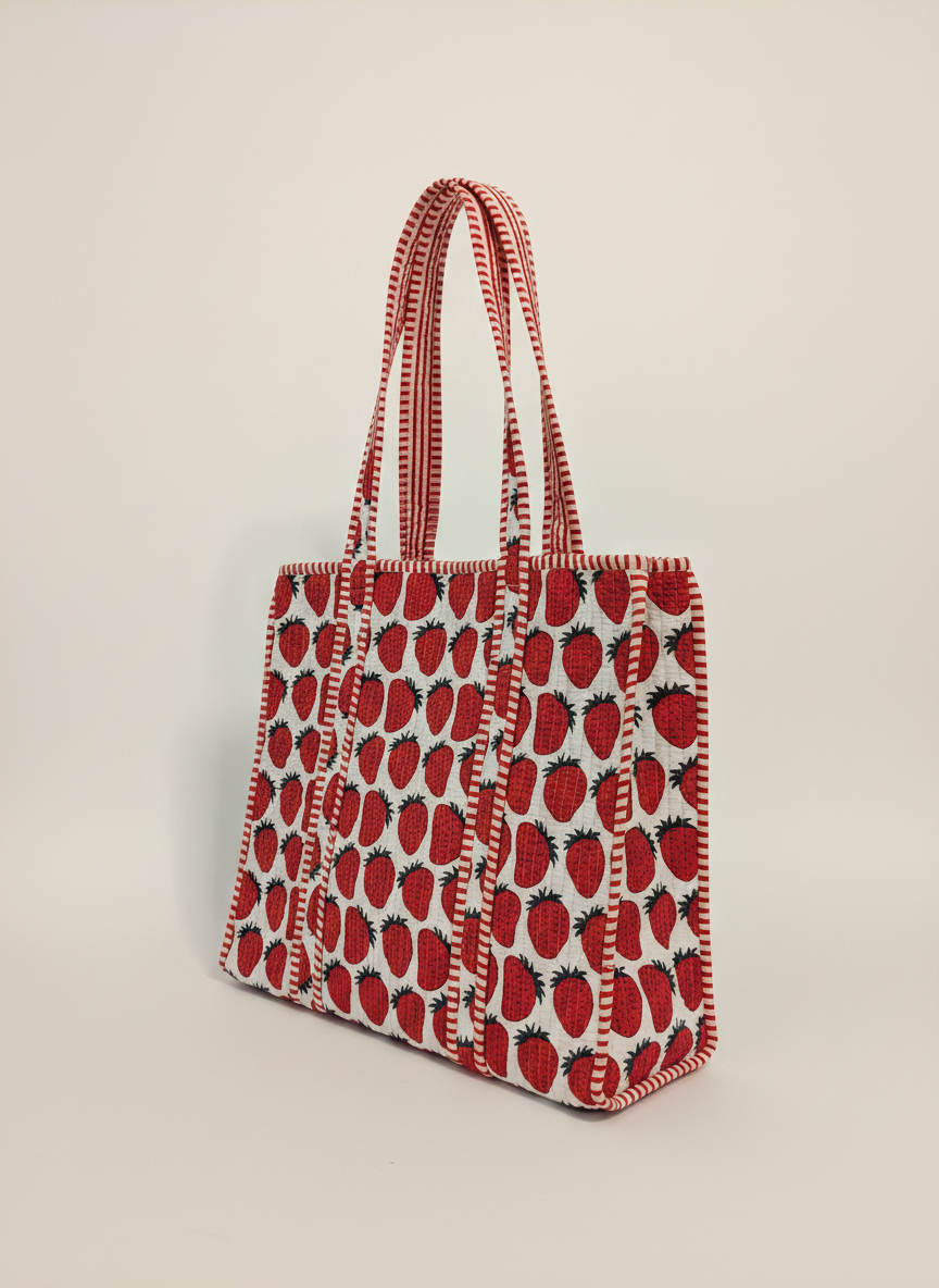 Strawberry Cotton Quilted Tote Bag | Red & White