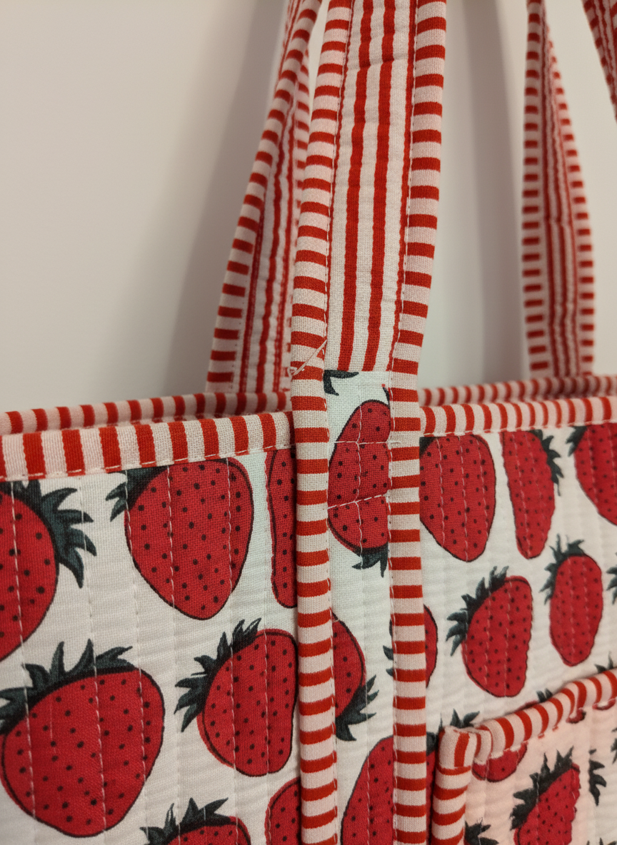 Strawberry Cotton Quilted Tote Bag | Red & White