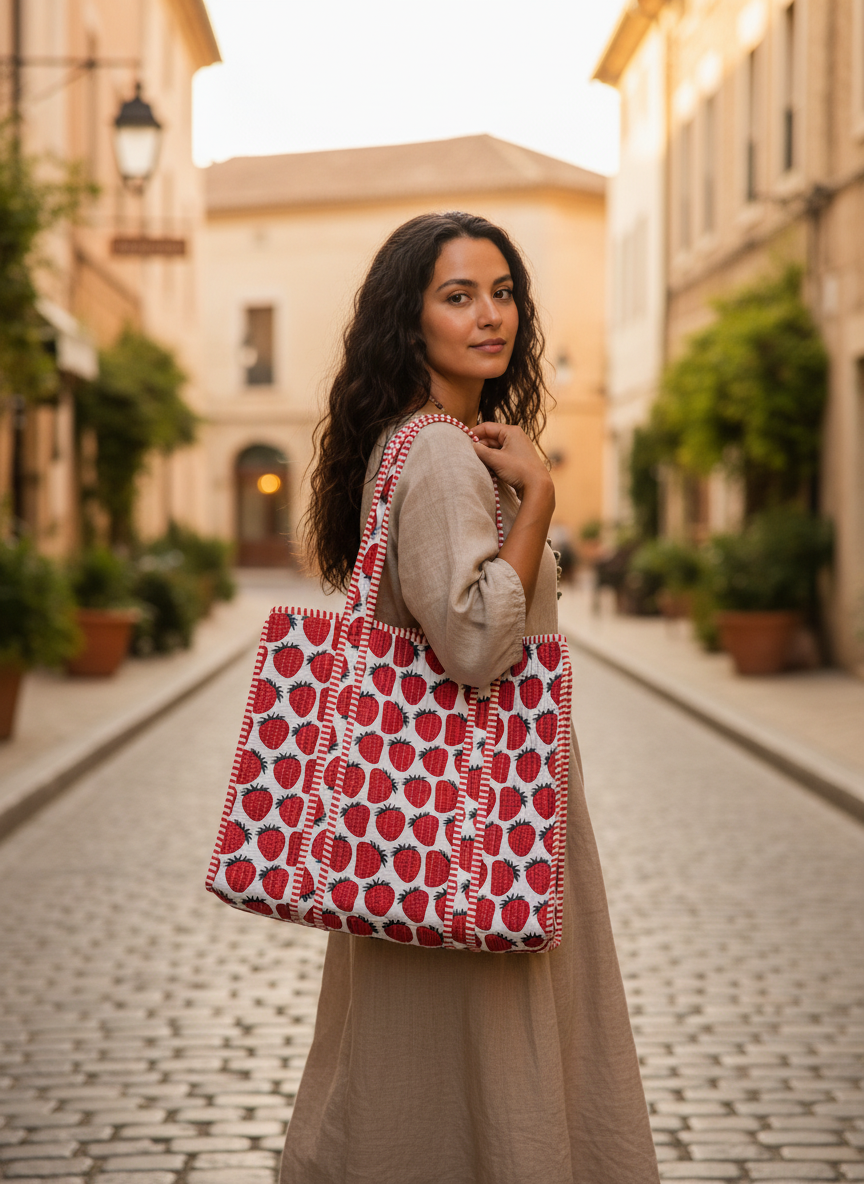 Strawberry Cotton Quilted Tote Bag | Red & White